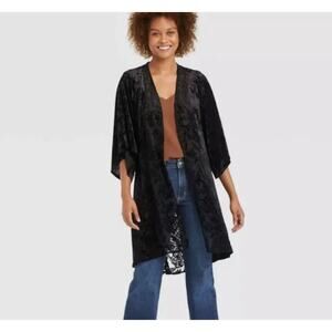 Knox Rose Womens Crushed Velvet Burnout Kimono Black Size XL XXL Boho Whimsygoth
